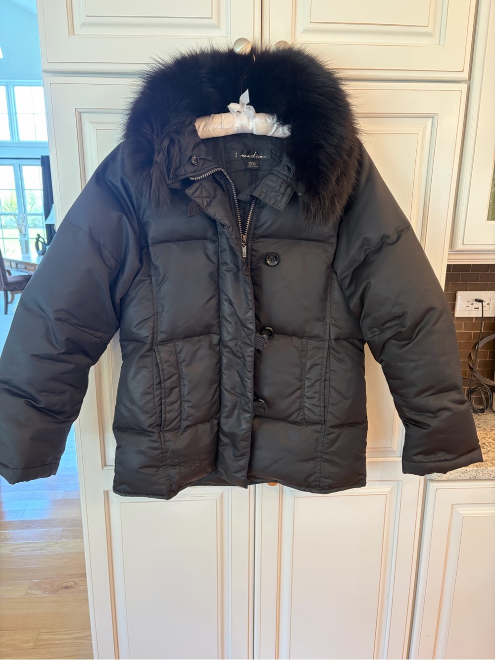 1 Madison Black Womens Puffer Coat with Fur trim